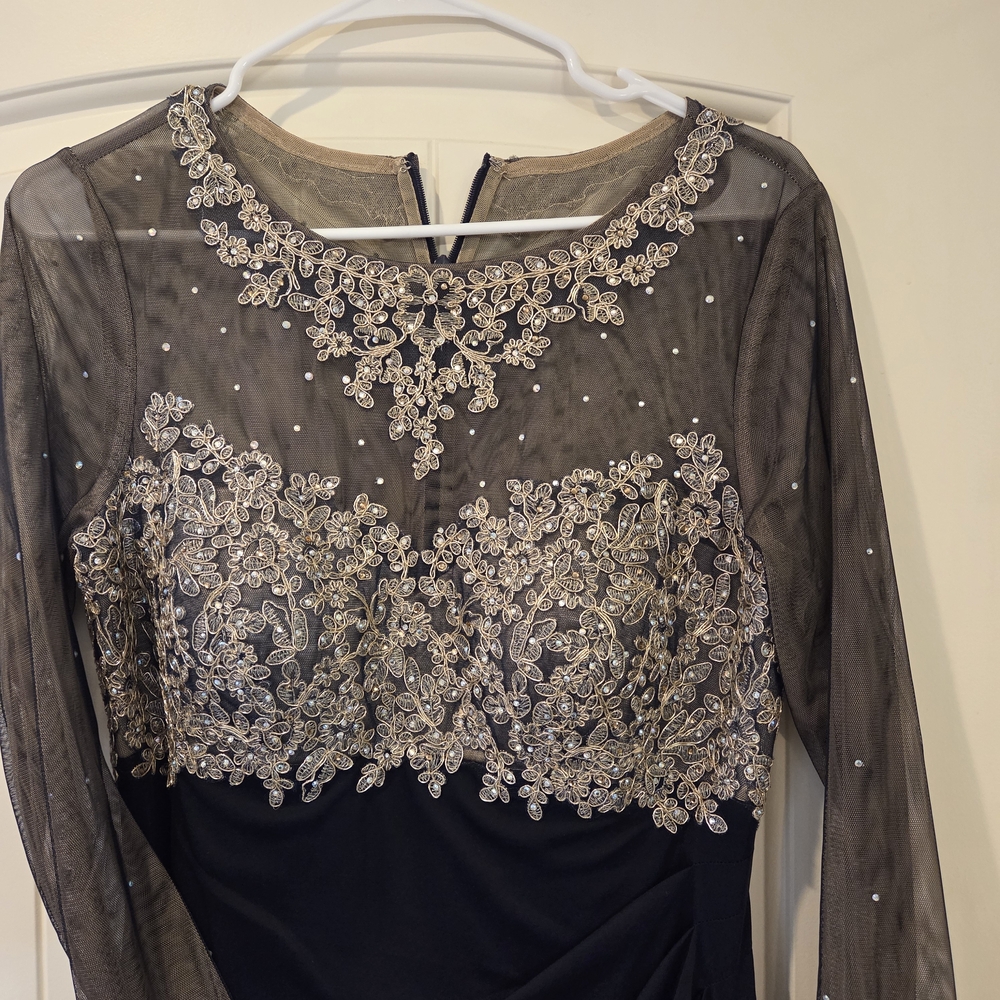 Formal Dark Blue Dress Gown with Exquisite  Gold Lace Beaded Detail